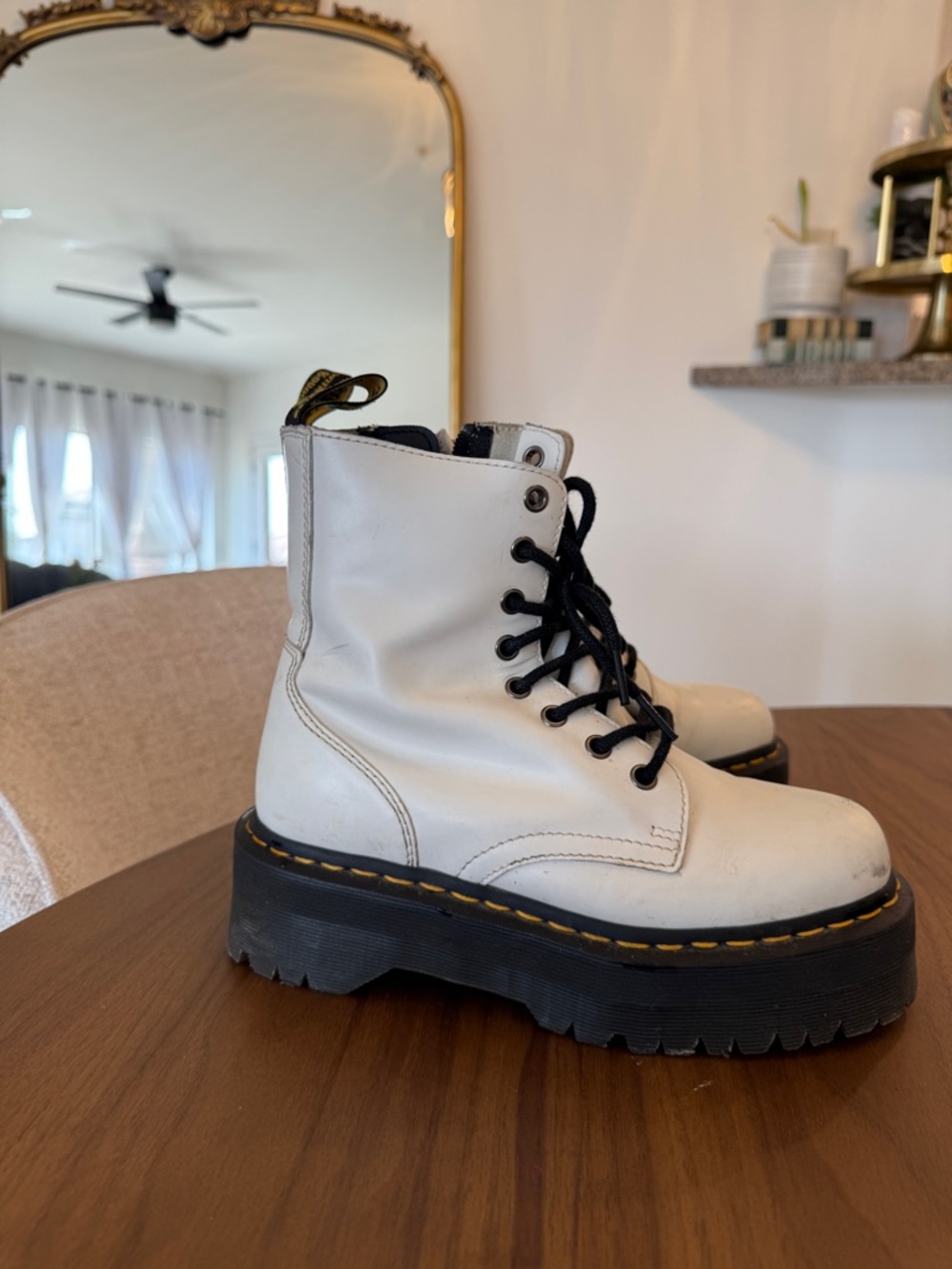 Dr. Martens White Platform Lace-Up Combat Boots with Black Laces